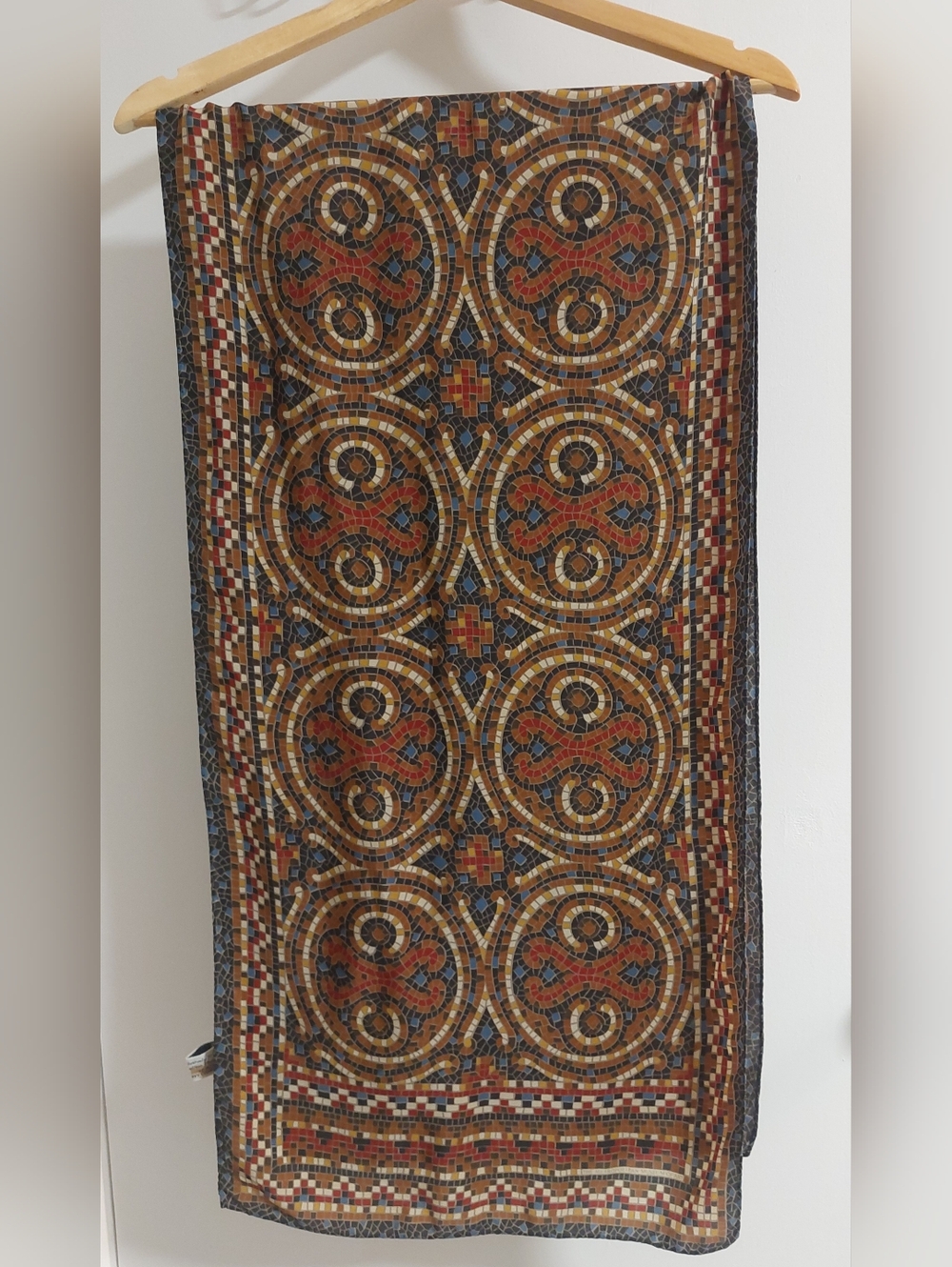100% Silk Vintage Mosaic Tile Pattern Scarf in Rust, Navy & Mustard 100% Silk